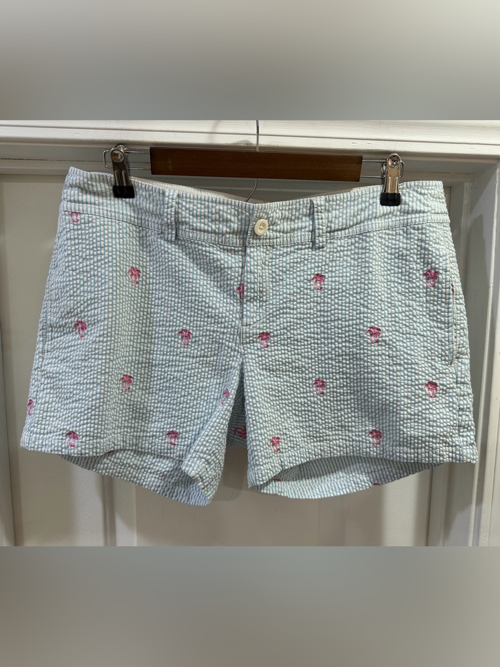 Lilly Pulitzer Swinging Palm Seersucker Shorts Size 12 Blue White Striped